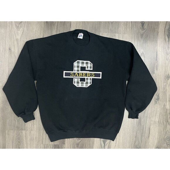Vintage Sweatshirt Jerzees Mens XL Black Sabers Plaid Logo 90s Super Sweats USA - Picture 1 of 6
